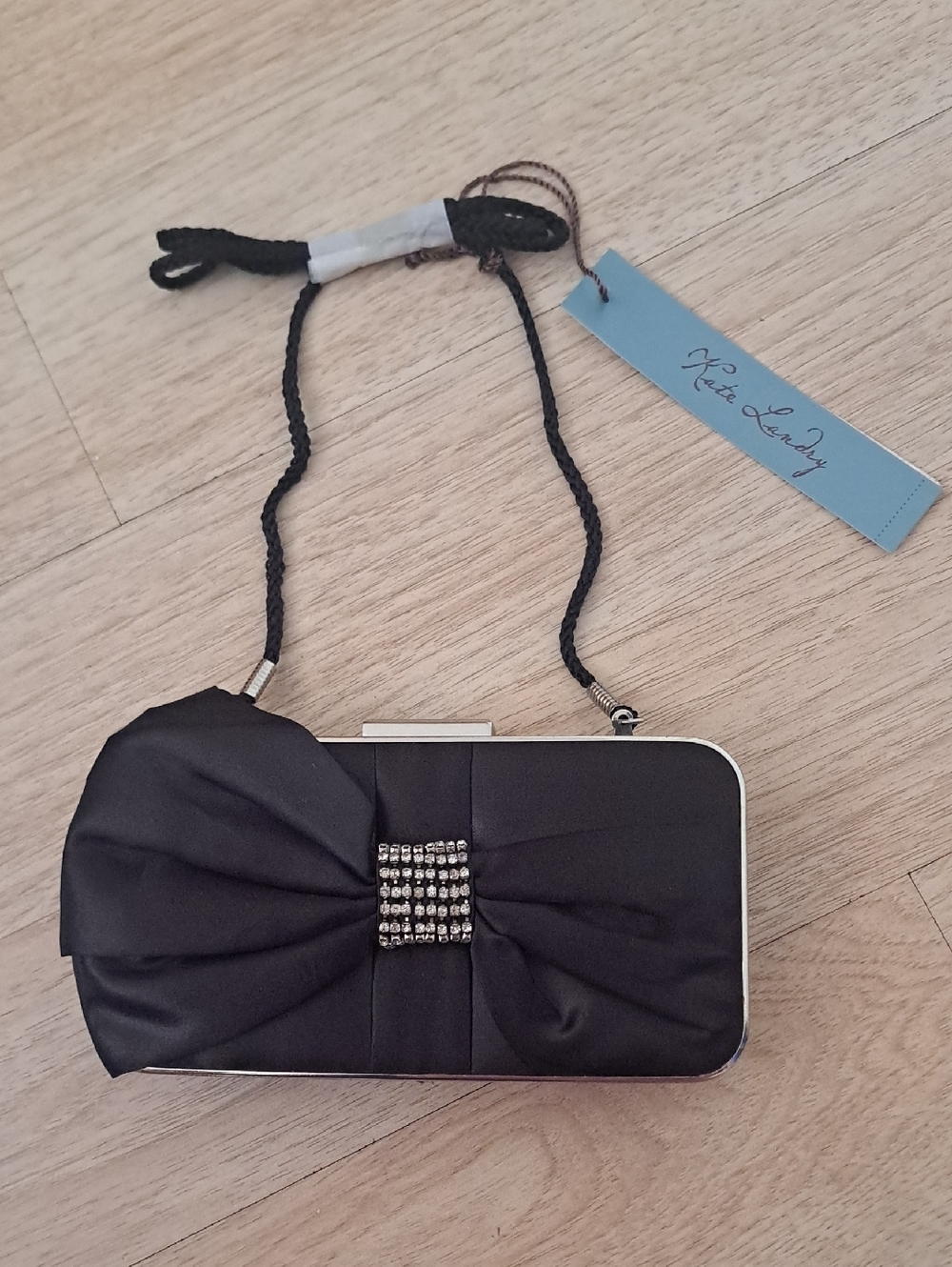 Kate Landry Black Satin Clutch with Bow and Rhinestone Accent